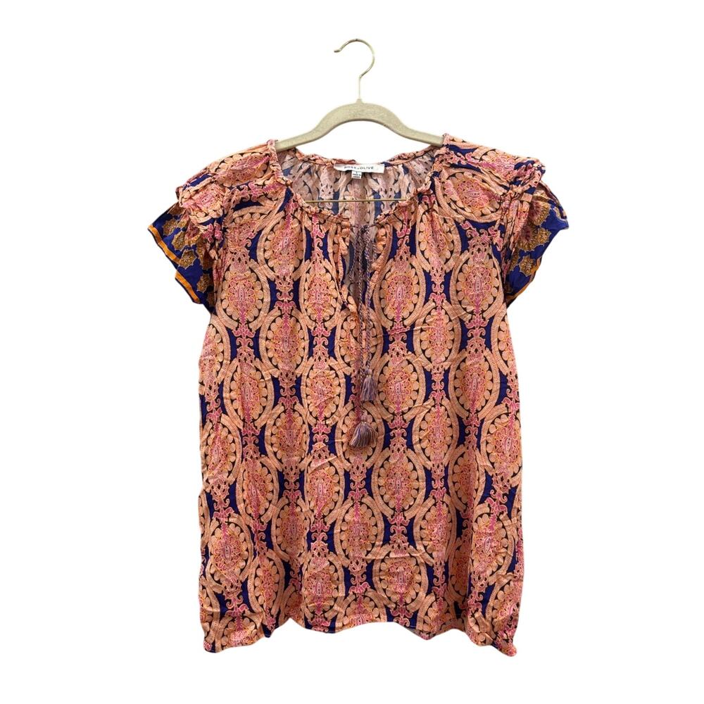 Rose & Olive Pink and Navy Printed Tie-Neck Peasant Blouse